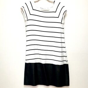 Bailey 44 Faux Leather Cotton Shift Dress Medium Stripe 60’s Vibe Casual Stretch